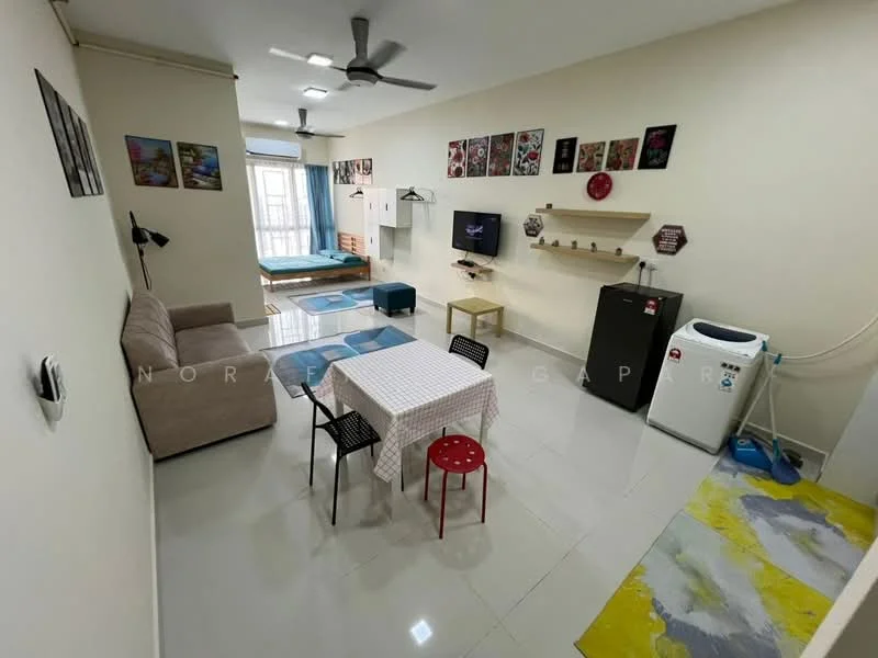Living features: 3-seater fabric sofa in beige, coffee table with checkered tablecloth, 4 dining chairs in black and red, wall-mounted TV, framed artwork on walls, white painted walls, tile flooring, ceiling fan with light, window with sheer curtains, refrigerator in stainless steel, front-load washing machine, area rug with abstract pattern; style: modern.