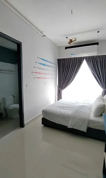 Bedroom features: king-size bed with white bedding, floor-to-ceiling window with sheer curtains, grey upholstered headboard, 2 bedside tables, decorative wall with colored stripes, 1 wall-mounted air conditioning unit, polished tile flooring, recessed ceiling lights; style: modern. Bathroom features: one-piece toilet, shower area with glass partition, white tiled walls, white sink with chrome faucet.