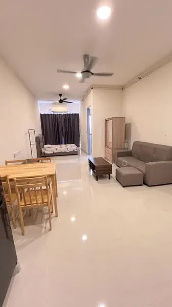Living features: grey fabric sofa, wood coffee table, dining table with 4 chairs, white painted walls, polished tile flooring, ceiling fan, floor-to-ceiling windows with curtains, TV console, bed visible in background; style: modern.