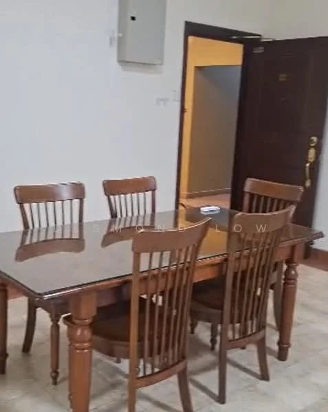 Dining features: wooden dining table with polished surface, 5 wooden dining chairs with vertical slats, cream tiled flooring, white painted walls, doorway leading to another room, electrical panel on wall; style: traditional.