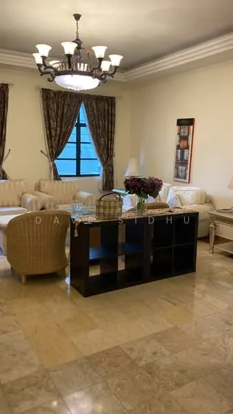 Living features: cream upholstered sofa, 2 beige armchairs, coffee table with glass top, marble flooring, chandelier with multiple bulbs, floor-to-ceiling windows, curtains with floral pattern, decorative wall art, side table with lamp; style: traditional.