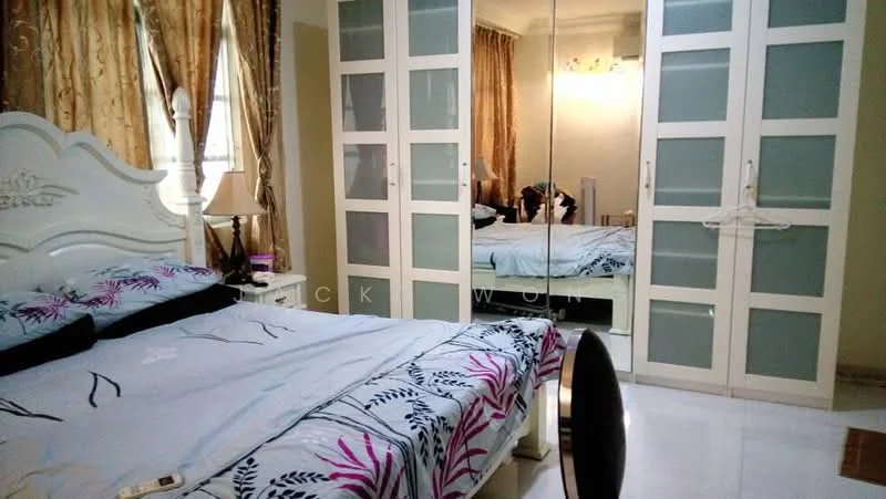 Bedroom features: king-size bed with floral bedding, upholstered headboard, two bedside lamps, built-in wardrobe with mirrored doors, white painted walls, curtains in gold, marble flooring, decorative wall art, ceiling light fixture; style: contemporary.