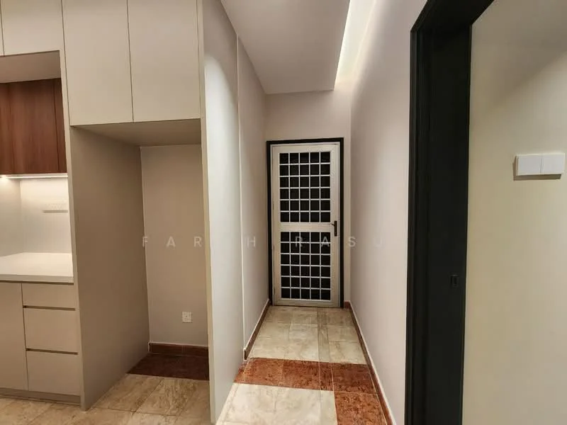 Room features: cream painted walls, tile flooring, wood cabinetry, glass door with grid pattern, recessed lighting, neutral color scheme, corner cabinetry, marble tile accent flooring; style: modern.