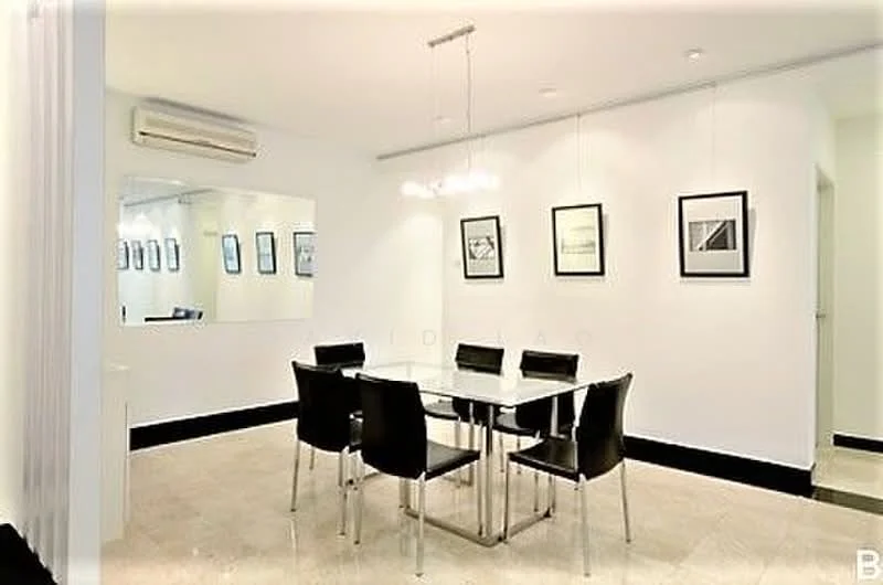 Dining features: glass dining table, 4 black upholstered dining chairs, white painted walls, recessed downlights, chandelier, mirror on wall, framed artwork on walls, tile flooring; style: modern.