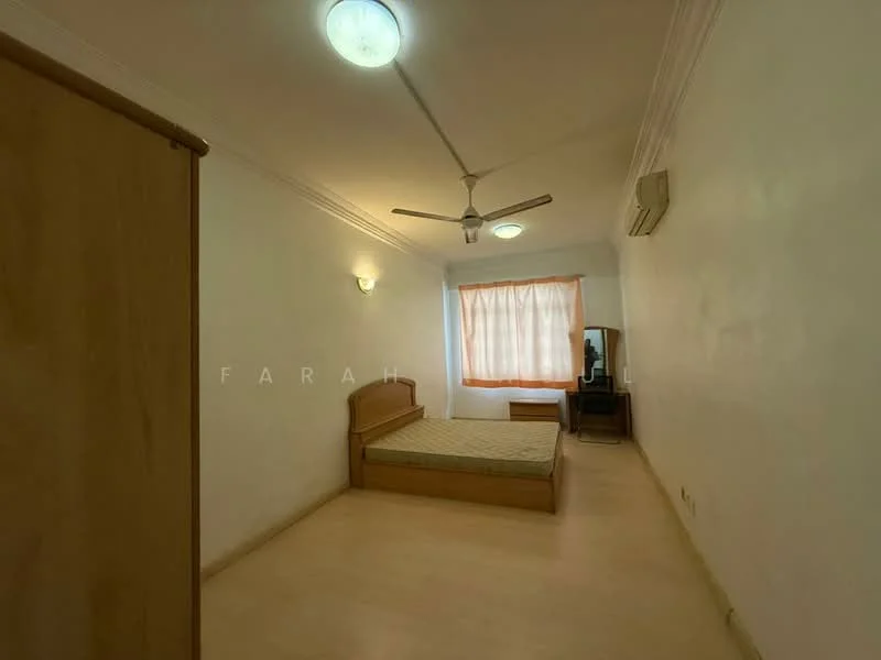 Bedroom features: wooden flooring, white painted walls, ceiling fan, wall-mounted air conditioning unit, large window with sheer curtains, bed frame without mattress, wooden bedside table, mirror on dresser; style: minimalist.
