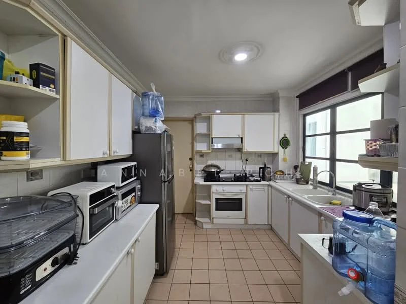 Kitchen features: white cabinetry with flat-panel doors, stainless-steel refrigerator, built-in oven, 4-burner gas hob, microwave, double-bowl stainless-steel sink, chrome pull-down faucet, tile backsplash, countertop with laminate finish, ceramic tile flooring, window with sheer curtains, overhead lighting, open shelving, water dispenser; style: modern.
