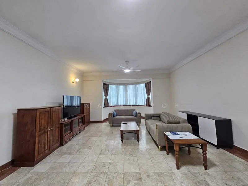 Living features: cream painted walls, marble tile flooring, 5-blade ceiling fan with light, floor-to-ceiling windows, sheer curtains, sofa in grey fabric, sofa in beige fabric, wooden coffee table, wooden TV console, freestanding TV cabinet, decorative wall sconce, area rug; style: modern.