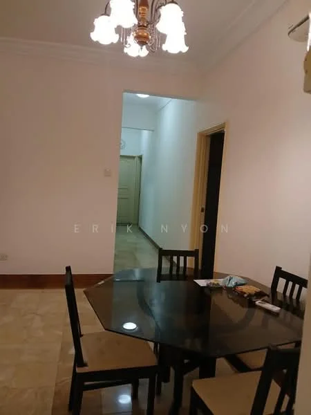 Dining features: round glass dining table, 4 black wooden dining chairs, chandelier with multiple bulbs, cream painted walls, marble flooring, doorway leading to hallway, doorway leading to another room, decorative wall molding; style: modern. Room features: cream painted walls, marble flooring, doorway leading to dining room, doorway leading to another room.