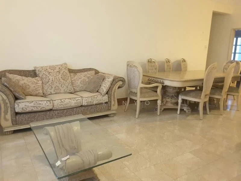 Living features: 3-seater fabric sofa with ornate pattern, glass coffee table, 6-seater dining table with carved legs, upholstered dining chairs with armrests, marble flooring, cream painted walls, decorative wall molding, natural light from adjacent room; style: traditional.