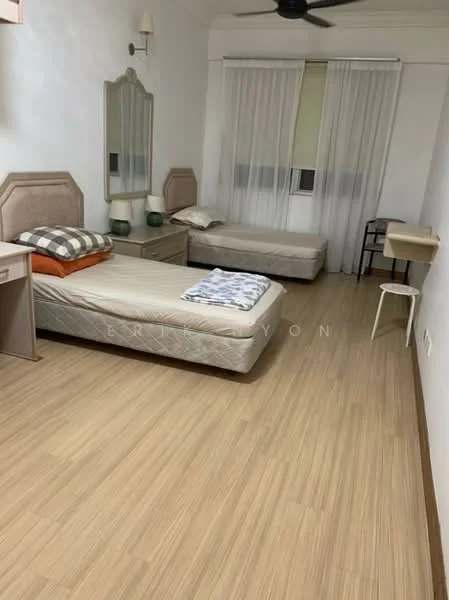 Bedroom features: two single beds with mattresses, upholstered headboards, wooden flooring, wall-mounted sconce lighting, large mirror on wall, sheer curtains, study desk, chair, decorative throw pillows; style: modern.