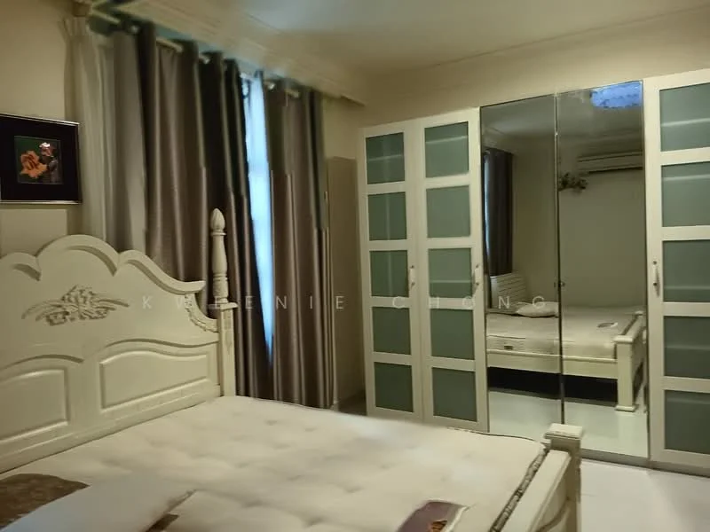 Bedroom features: queen-size bed with upholstered headboard, white bedding, mirrored sliding wardrobe, cream painted walls, floor-to-ceiling curtains in grey, white tiled flooring, decorative wall art, ceiling with recessed lighting; style: traditional.