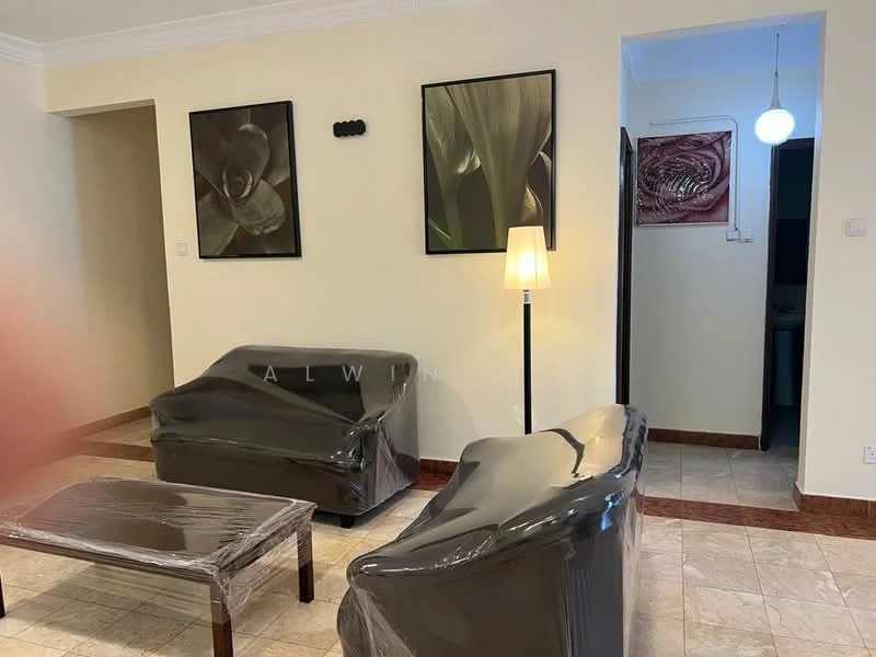 Living features: 2-seater leather sofa in dark brown, 3-seater leather sofa in dark brown, glass coffee table, lampshade floor lamp, framed artwork on walls, cream painted walls, tile flooring, decorative wall art, light fixture with pendant light; style: modern.