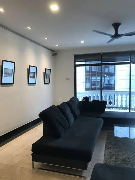 Living features: 3-seater fabric sofa in dark grey, coffee table, wall-mounted artwork in frames, recessed downlights, ceiling fan, large windows with city view, tile flooring, white painted walls; style: modern; view: city.