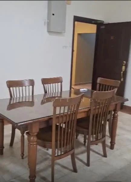 Dining features: wooden dining table with marble top, 4 wooden dining chairs, cream tiled flooring, white painted walls, doorway leading to another room, electrical panel on wall; style: traditional.