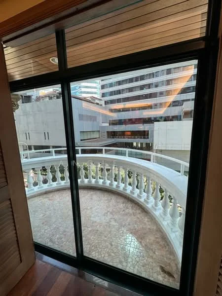 Room features: glass sliding door, balcony with railing, mosaic tile flooring, wooden ceiling, city view, outdoor space; style: modern; view: city.