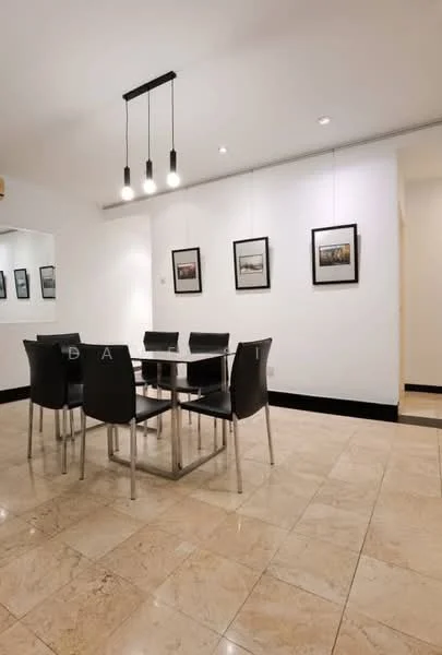 Dining features: marble tile flooring, white painted walls, ceiling with pendant lighting, glass dining table, 4 black dining chairs, framed artwork on walls, wall-mounted lighting, neutral decor; style: modern.