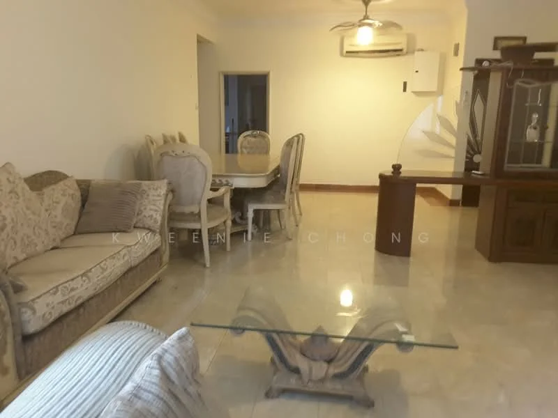 Living features: cream painted walls, marble flooring, 5-blade ceiling fan, sofa with upholstery, glass coffee table, wooden side table, dining table with chairs, air conditioning unit, decorative cabinet; style: traditional.