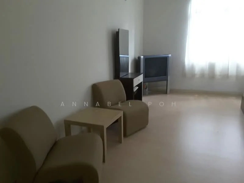 Living features: two beige armchairs, small square coffee table, wooden TV console, television, light-colored laminate flooring, white walls, curtains, natural light from window.