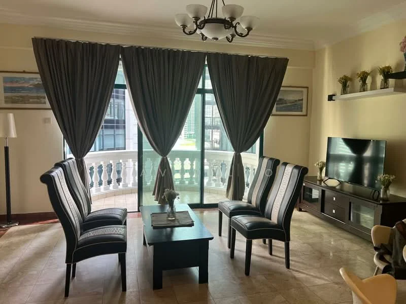 Living features: two upholstered armchairs with striped pattern, black coffee table, wall-mounted TV, dark wood TV console, floor-to-ceiling windows, sheer curtains, heavy drapes, decorative wall shelf, ceramic vase with flowers, marble tile flooring, chandelier with multiple bulbs, balcony view; style: contemporary; view: city.
