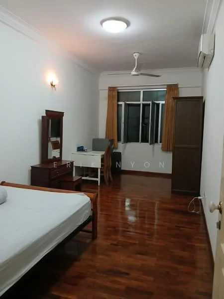Bedroom features: wooden flooring, white painted walls, ceiling fan, recessed ceiling lights, floor-to-ceiling windows, curtains, single bed frame, dressing table with mirror, study desk, built-in wardrobe, air conditioning unit; style: modern.