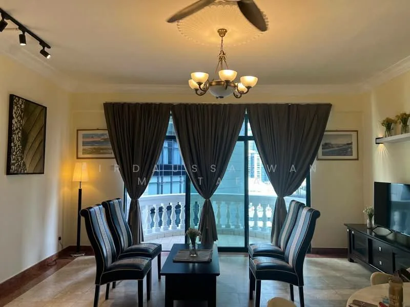 Living features: 2 striped upholstered armchairs, dark wooden coffee table, floor-to-ceiling sliding glass door, curtains in grey, chandelier with multiple bulbs, ceiling fan, wall-mounted TV, decorative wall art, marble flooring, balcony view; style: contemporary; view: city.
