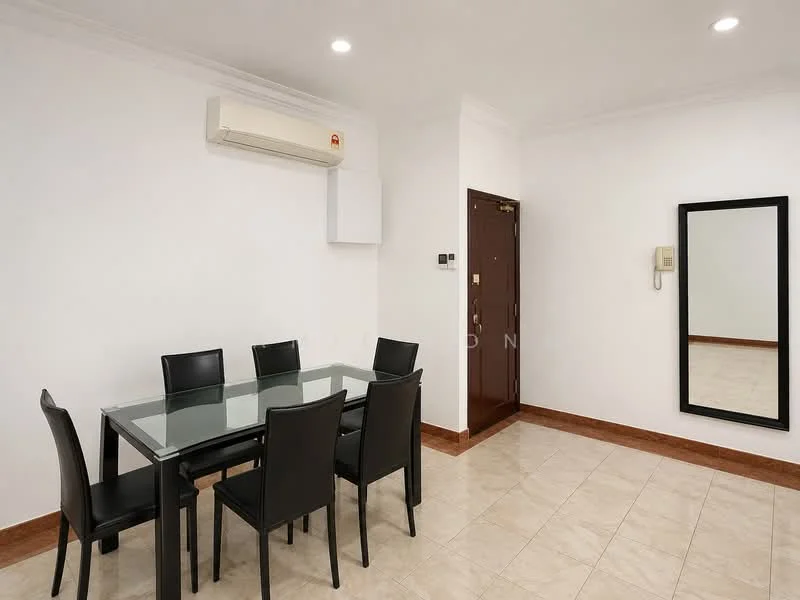 Dining features: glass dining table, 6 black dining chairs, white painted walls, cream tiled flooring, wall-mounted intercom, full-length mirror, 1 wall-mounted split AC, brown wooden door, light fixtures in ceiling; style: modern.