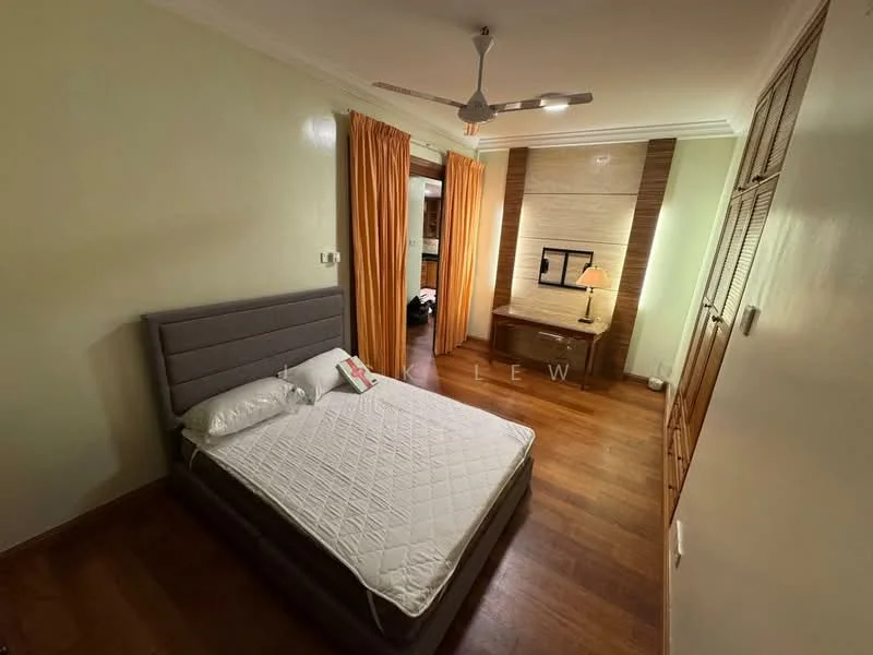 Bedroom features: queen-size bed with upholstered headboard, wooden flooring, light green painted walls, ceiling fan, curtains in orange, built-in wardrobe, TV console, wall-mounted TV, decorative wall paneling, recessed lighting; style: modern.