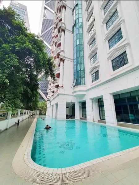 Exterior type: high-rise condominium; features: swimming pool, pool deck, glass curtain wall, white painted facade, surrounded by greenery, urban context with nearby buildings; style: modern.