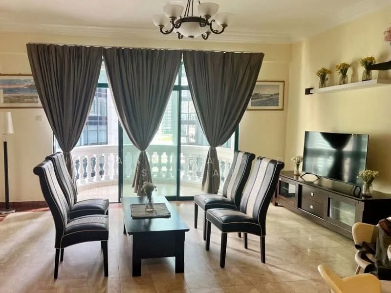 Living features: 4 upholstered chairs with striped pattern, black coffee table, wall-mounted TV, TV console in dark wood, floor-to-ceiling windows, sheer curtains, heavy drapes in grey, decorative wall shelf, framed artwork on walls, marble tile flooring, crown moulding on ceiling, chandelier with multiple bulbs; style: contemporary; view: city.