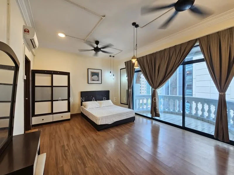 Bedroom features: king-size bed, wooden flooring, 5-blade ceiling fan with light, floor-to-ceiling windows, sliding glass door, curtains, wall-mounted air conditioning unit, decorative mirror, built-in wardrobe, nightstand, framed artwork; style: modern; view: city.