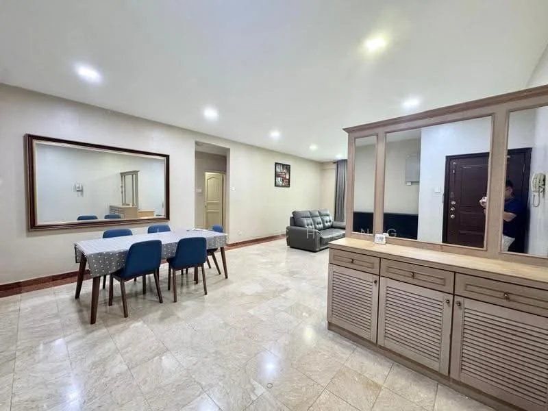 Living features: marble tile flooring, white painted walls, recessed downlights, large mirror, dining table with 6 blue upholstered chairs, grey leather sofa, wooden sideboard with slatted doors, entrance door, decorative wall art; style: modern.