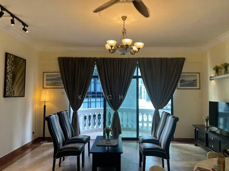 Living features: floor-to-ceiling windows, sliding glass door, curtains, chandelier, 5-blade ceiling fan, 2 striped armchairs, coffee table, TV console, wall-mounted TV, decorative wall art, marble flooring, balcony railing view; style: modern; view: city.