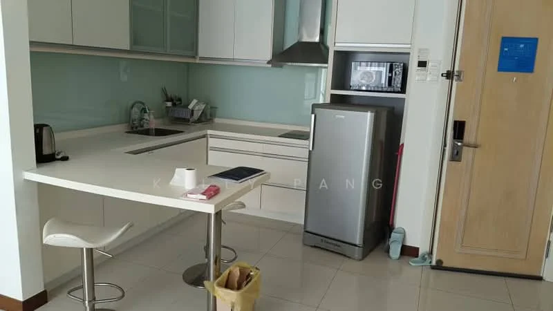 Kitchen features: white cabinetry, light grey backsplash, stainless-steel fridge, built-in microwave, stainless-steel range hood, single-bowl stainless-steel sink, chrome pull-down faucet, white countertop, bar stool seating, ceramic tile flooring, kettle, cutting board; style: modern.