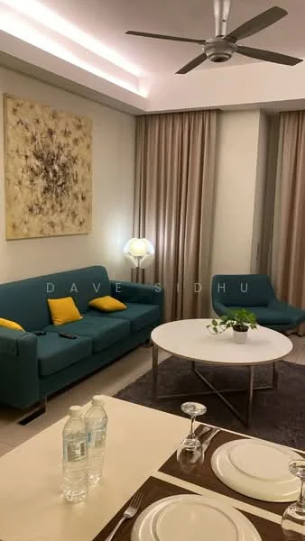 Living features: 3-seater fabric sofa in teal, 2-seater fabric sofa in teal, yellow accent cushions, round coffee table, area rug with neutral color, floor lamp, wall-mounted artwork, curtains in light color, ceiling fan with light, recessed lighting; style: modern. Dining features: dining table with place settings, 2 bottles of water, white plates, cutlery, table runner in neutral color; style: modern.