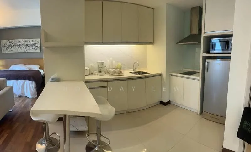 Kitchen features: white cabinetry, marble countertop, single-bowl stainless-steel sink, chrome pull-down faucet, built-in oven, stainless-steel fridge, induction hob, bar counter with two stools, tile flooring, recessed downlights; style: modern. Room features: queen-size bed, white bedding, wooden flooring, decorative artwork on wall.