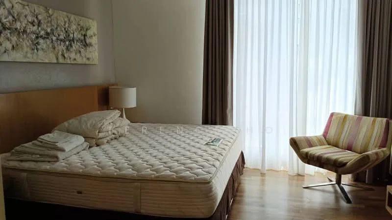 Bedroom features: queen-size bed with mattress, wooden bed frame, striped accent chair, floor-to-ceiling windows, sheer curtains, wooden flooring, decorative wall art, table lamp; style: modern.