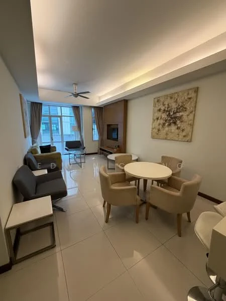 Living features: white painted walls, glossy tile flooring, recessed downlights, 5-blade ceiling fan with light, sofa in grey fabric, 2 beige upholstered armchairs, round dining table, 4 beige dining chairs, TV console, wall-mounted TV, decorative artwork on wall, curtains on windows; style: modern; view: city.
