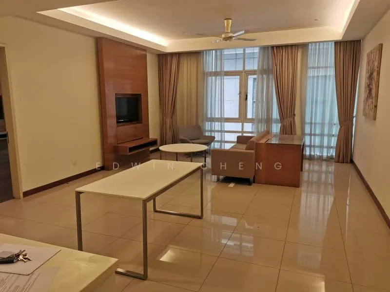 Living features: cream painted walls, glossy tile flooring, 5-blade ceiling fan with light, wall-mounted TV, wooden TV console, sofa in beige, coffee table with white top, large windows with sheer curtains, decorative artwork on wall, area rug with geometric pattern; style: modern.