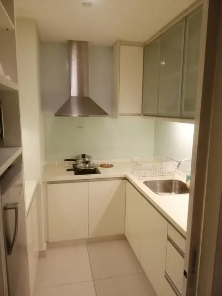 Kitchen features: white cabinetry, stainless-steel sink, chrome pull-down faucet, built-in stove, stainless-steel range hood, white countertop, glass backsplash, microwave, open shelving, tile flooring, recessed lighting; style: modern.