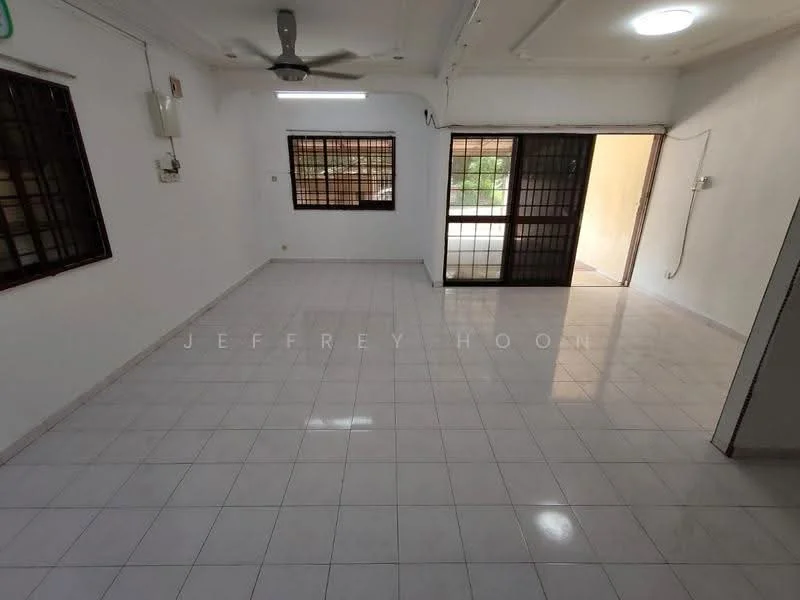 Room features: white painted walls, glossy ceramic tile flooring, ceiling fan, sliding glass door, window with security bars, natural light from windows, neutral color scheme, recessed ceiling lights; style: modern; view: garden.