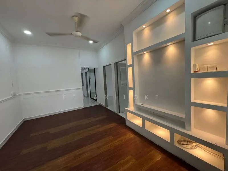 Room features: wooden flooring, white painted walls, recessed lighting, ceiling fan, built-in shelving unit with lighting, mirrored wall, crown moulding, doorways leading to other rooms; style: modern.