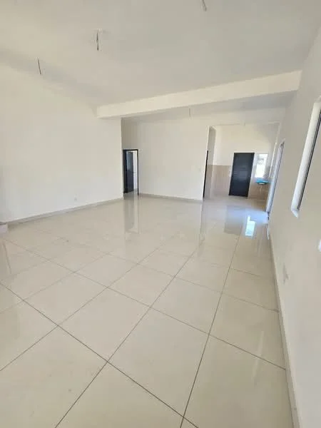 Room features: white painted walls, polished ceramic tile flooring, high ceiling, large windows, open layout, neutral color scheme, no visible furniture, minimalist design; style: modern.