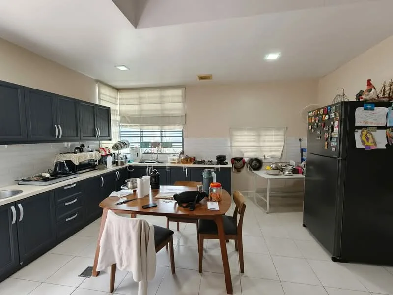 Kitchen features: dark blue cabinetry, white tiled backsplash, stainless-steel sink, chrome pull-down faucet, built-in oven, freestanding range oven, black refrigerator, round dining table, 4 wooden dining chairs, white ceramic floor tiles, window with sheer curtains, countertop appliances, kitchen utensils on countertop, decorative magnets on refrigerator; style: modern.