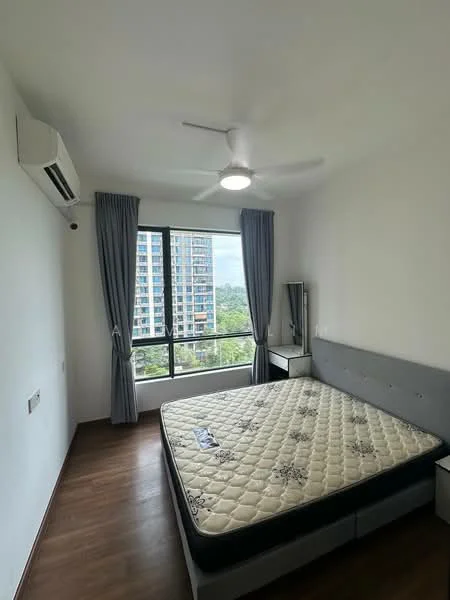 Bedroom features: queen-size bed, upholstered headboard, 2 bedside lamps, floor-to-ceiling window, curtains, 1 wall-mounted split AC, 5-blade ceiling fan with light, wooden flooring, mirror on dresser, decorative wall art; style: modern; view: city.