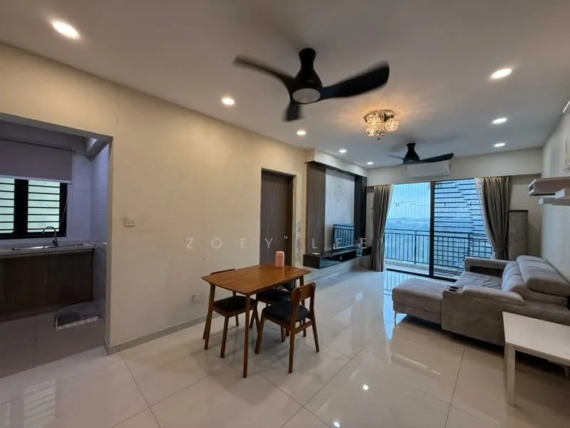 Living features: 3-seater fabric sofa in grey, coffee table, wall-mounted TV, area rug, 5-blade ceiling fan with light, recessed LED downlights, floor-to-ceiling windows, sliding glass door, balcony access, white painted walls, glossy tile flooring, decorative wall panel, dining table with 4 chairs; style: modern; view: city. Kitchen features: single-bowl stainless-steel sink, chrome pull-down faucet, laminate countertop, wood cabinetry, built-in oven, freestanding range oven, microwave, ceramic tile flooring, window with view, recessed LED downlights; style: modern.