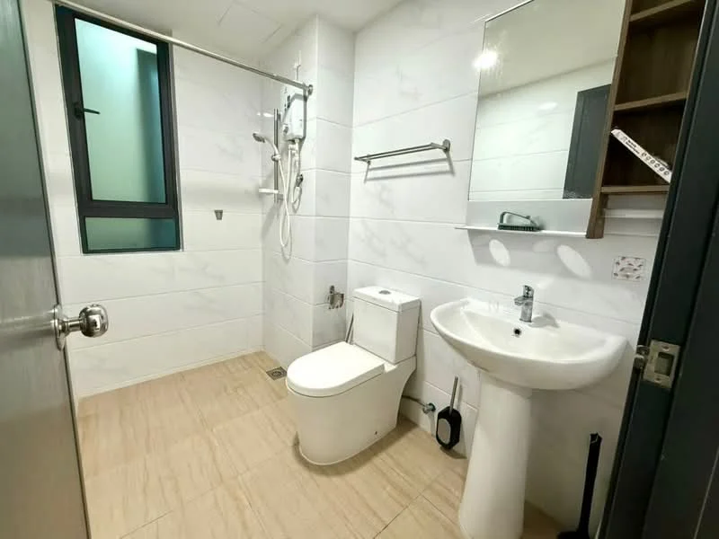 Bathroom features: white tiled walls, light beige floor tiles, walk-in shower with glass partition, chrome shower head, chrome wall-mounted faucet, white sink with pedestal, one-piece toilet, mirror above sink, towel rack, window for natural light; style: modern.