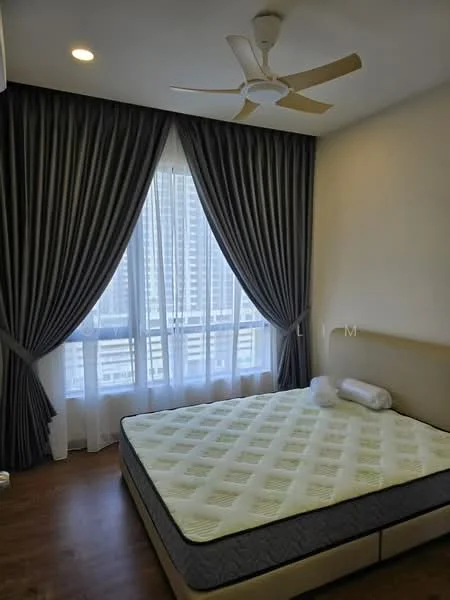 Bedroom features: queen-size bed, upholstered headboard, 5-blade ceiling fan, floor-to-ceiling windows, sheer curtains, blackout curtains, wooden flooring, decorative pillows, wall-mounted light fixture; style: modern; view: city.