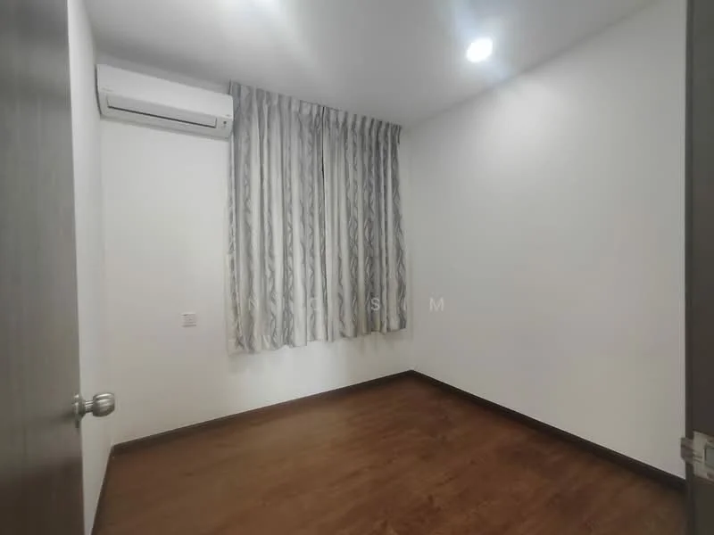 Room features: white painted walls, laminate flooring, 1 wall-mounted split AC, curtains with a patterned design, recessed downlights.