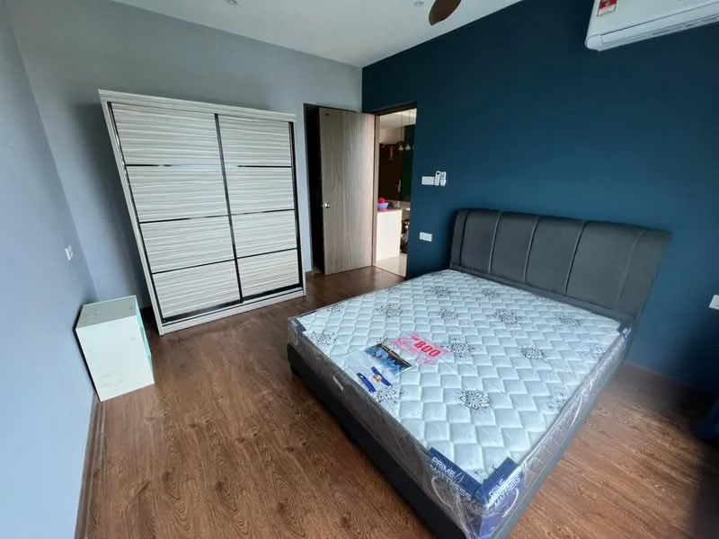 Bedroom features: king-size bed with grey upholstered headboard, mattress on bed, wooden flooring, blue painted walls, built-in wardrobe with sliding doors, ceiling fan, wall-mounted air conditioning unit, nightstand, door leading to another room; style: modern.