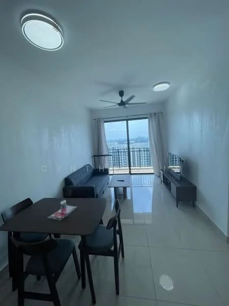 Living features: grey fabric sofa, 4-seater dining table, black dining chairs, wall-mounted TV, ceiling fan, recessed ceiling lights, floor-to-ceiling windows, white painted walls, glossy tile flooring, city view; style: modern; view: city.